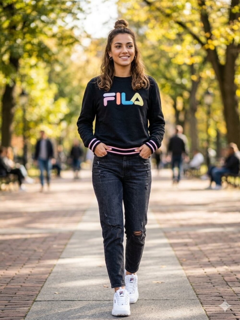 FILA Women's French Terry Crewneck Sweatshirt - Pastel Logo Striped Trim - M